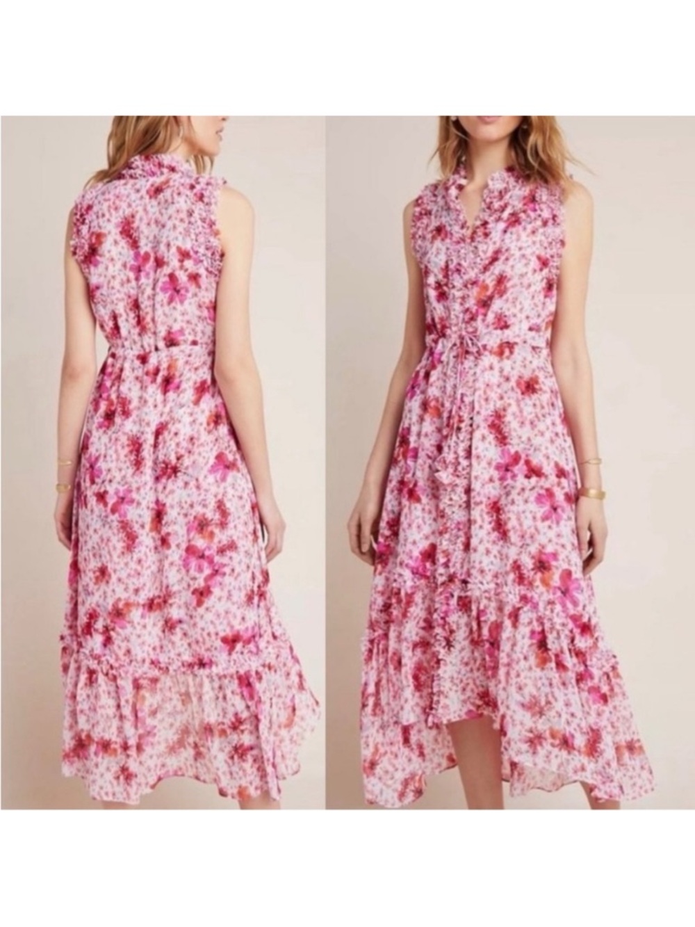 Misa Los Angeles Pink & Fuchsia Floral Ruffle Midi Dress
